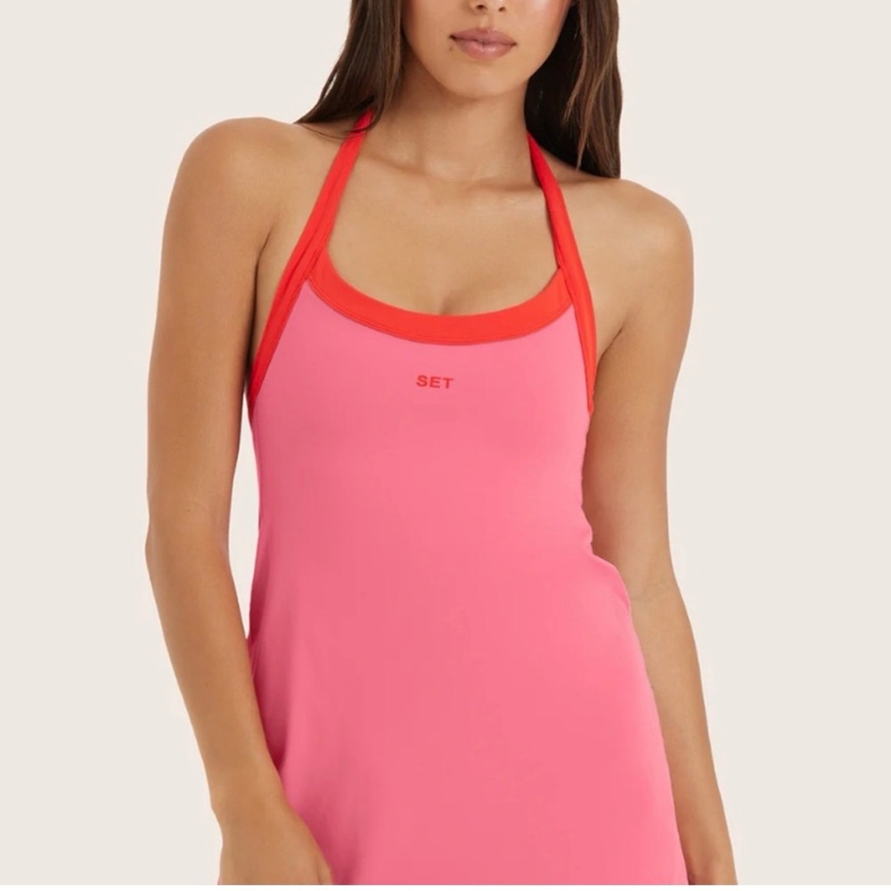 SET Active Pink Halter Chemise with Coral Trim - Picture 3 of 4